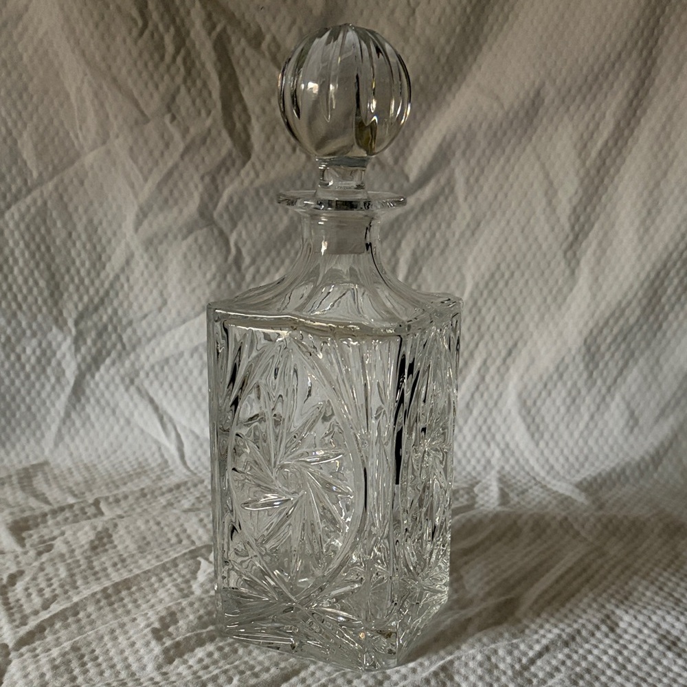 Vintage Rectangular Crystal Decanter w/ Round Stopper Eye Shaped Etching w/Star